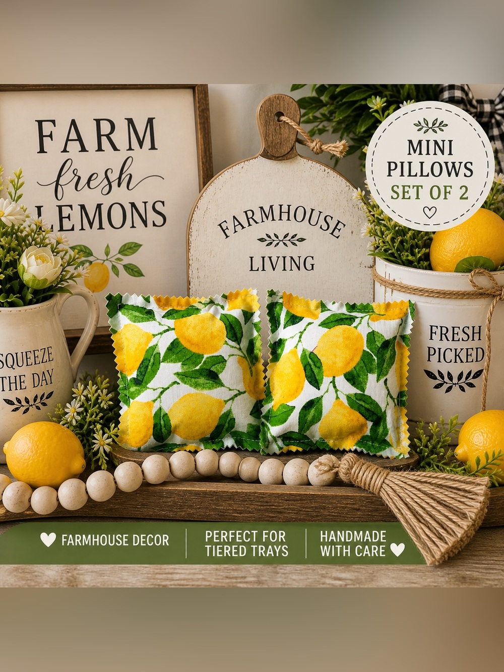 🍋 Lemon Mini Pillows Set of 2 | Farmhouse Decor